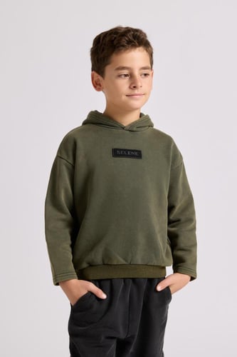 هودي بقصة واسعة Acid Wash للأطفال أخضر غامق