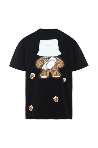 تيشيرت بقصة عادية للأطفال وطباعة الدب المرح - أسود