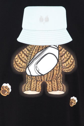 تيشيرت بقصة عادية للأطفال وطباعة الدب المرح - أسود