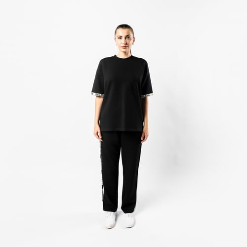 بنطلون اسود مستقيم الساق للجنسين مع حزام خصر وأربط...