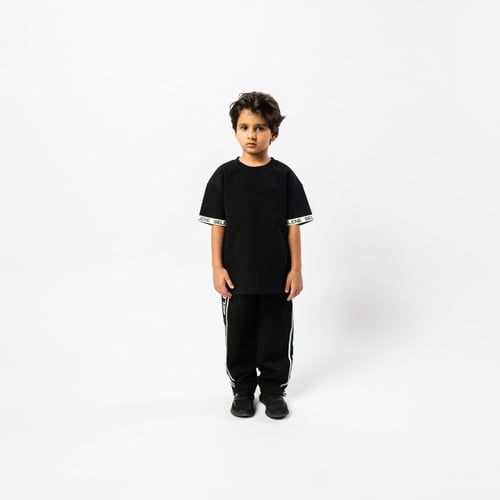 بنطلون اسود بقصة مستقيمة للأطفال مع حزام خصر وأربط...