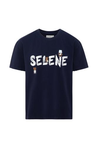 تيشيرت بقصة عادية للأطفال بشعار SELENE - أزرق داكن