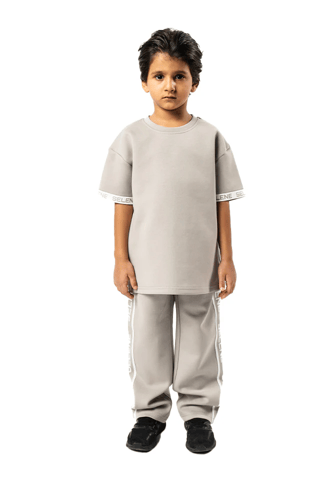 بنطلون رمادي بقصة مستقيمة للأطفال مع حزام خصر وأرب...