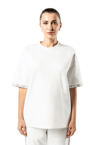 تي شيرت اوف وايت كبير للجنسين مع أكتاف منسدلة وشعا...