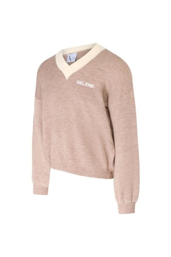 بلوفر بقصة واسعة ورقبة V للنساء بيج