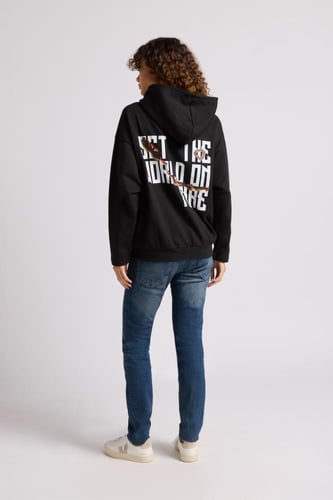 هودي بطباعة وقصة واسعة Acid Wash للجنسين أسود