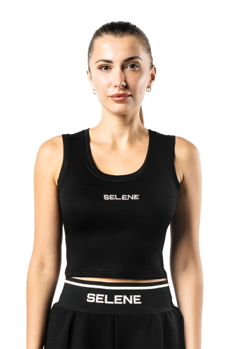 توب نسائي اسود بدون أكمام مع خط رقبة دائري وشعار م...