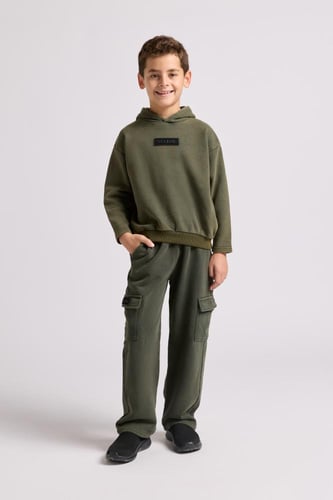 هودي بقصة واسعة Acid Wash للأطفال أخضر غامق