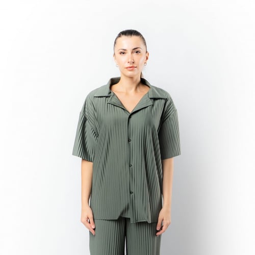 قميص واسع وبأكمام قصيرة للجنسين كاكي