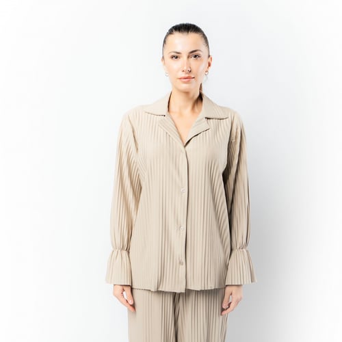 قميص نسائي بأزرار مع أربطة مطاطية عند الرسغين بيج