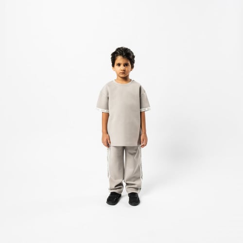 بنطلون رمادي بقصة مستقيمة للأطفال مع حزام خصر وأرب...