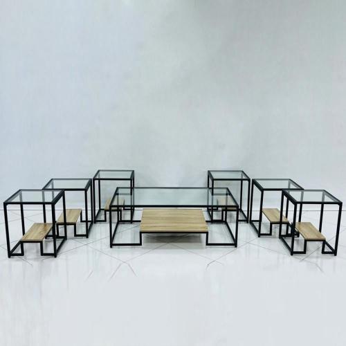 طقم طاولات شاي خشب وزجاج 1+6 :QALAA