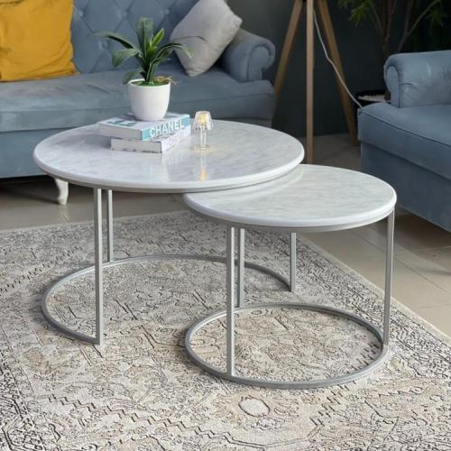 طقم طاولتين سطح خشب شكل رخام لون فضي