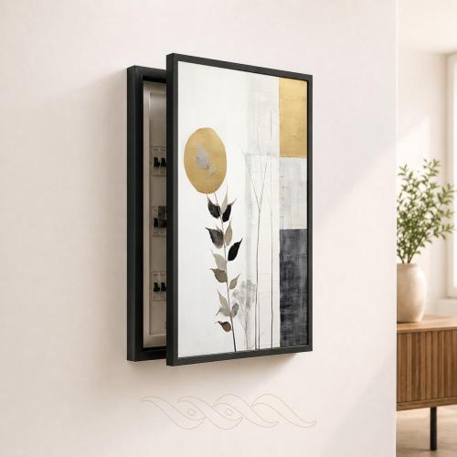 لوحة تغطية طبلون كهرباء بتصميم نباتي بسيط وقطع هندسية ذهبية ورمادية
