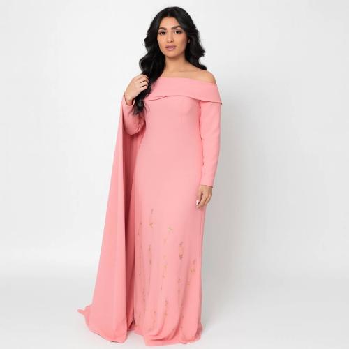 فستان سهرة زهري طويل مع ذيل