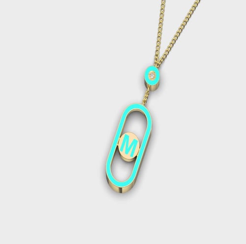 Gold necklace 18 karat letter M aqua color