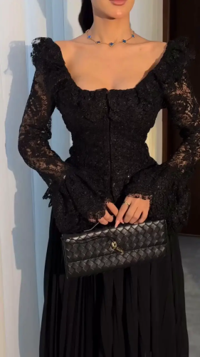Elegant black lace dress, lace and chiffon