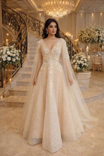 Royal Princess dress - embroidered with crystal and transparent cape sleeves