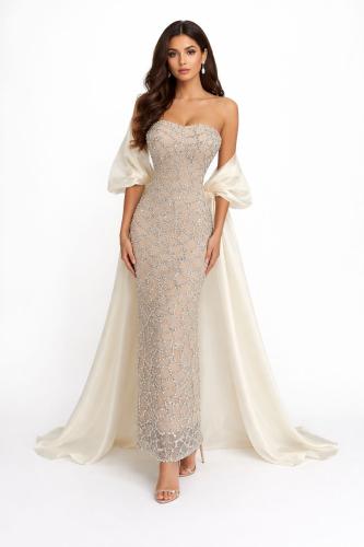 Royal evening dress "Strapless" with crystal embroidery and satin cape