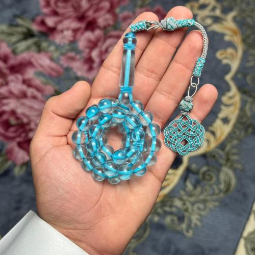 Transparent blue string rosary, turquoise, copper