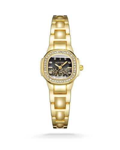 ساعة نسائي ذهبي كرستال ميتاء اسود