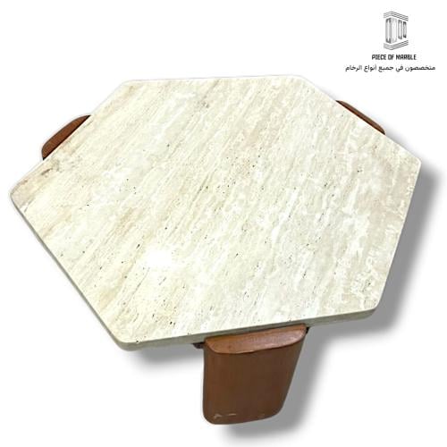 طاولة مجلس رخام سداسية 100×90 سم بقاعدة خشبية