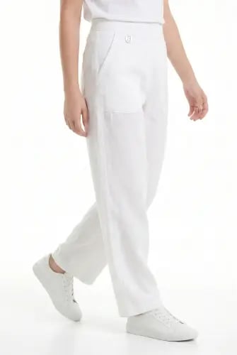 Girls' white linen trousers, straight cut