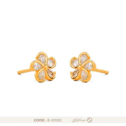 حلق زهرة مرصع بالزركون فضة عيار 925 مطلي روديوم وماء الذهب (E-0110G)