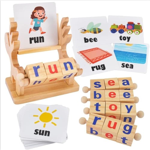 لعبة مكعبات الحروف الإنجليزية الخشبية والبطاقات لت...