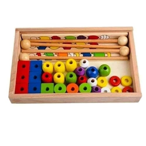 لعبة صندوق خشبي مع الخرز وأشكال هندسية للأطفال تنم...