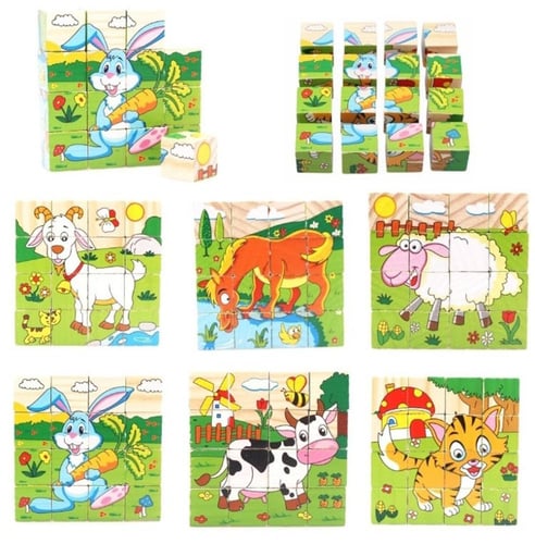 لعبة مكعبات ألغاز خشبية للأطفال - 6 صور في 1 - الع...