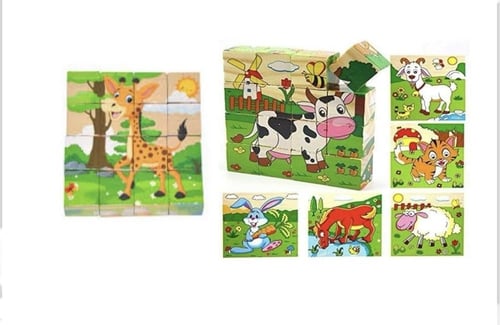 لعبة مكعبات ألغاز خشبية للأطفال - 6 صور في 1 - الع...