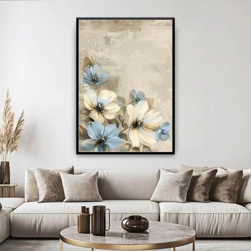 A modern floral painting adds a sense of luxury and tranquility