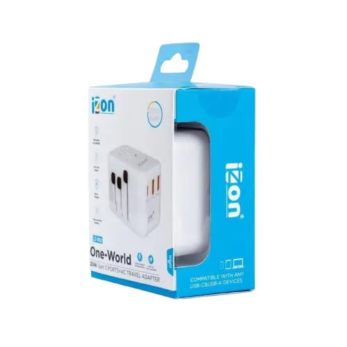 فيش طاقة متعدد المداخل ومنفذين USB ومنفذ تايب سي بقوة 20W من iZON