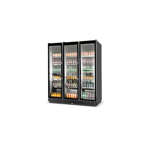 Upright 3-door glass refrigerator with handle, bla...