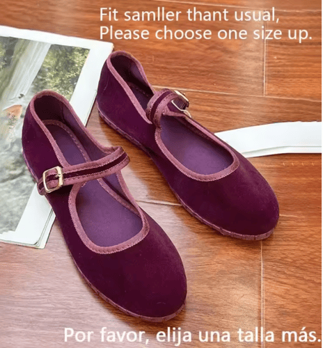 أحذية ماري جين المخملية للنساء بغرز يدوية كاجوال م...