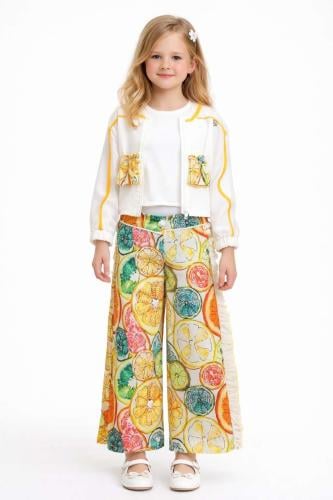 طقم أطفال بناتي ثلاث قطع بنقشات فواكه نابضة بالألو...