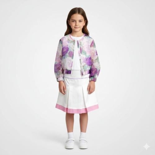 تيور بناتي فاخر موف وردي وابيض ناصع- ثلاث قطع