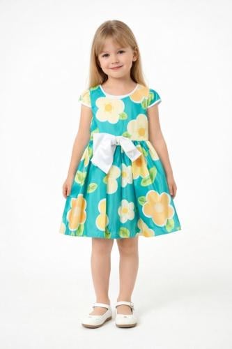 فستان تركوازي بزهور صفراء كريمية