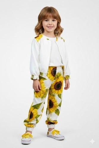 طقم بناتي بنقشة زهرة دوار الشمس – جاكيت أبيض أنيق...