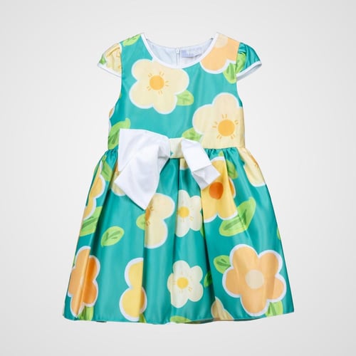 فستان تركوازي بزهور صفراء كريمية