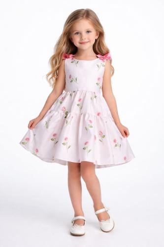 فستان بناتي وردي فاتح بطبعات ورود