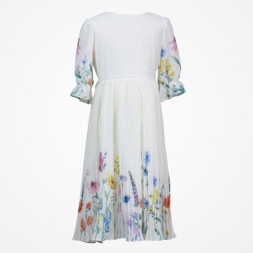 فستان مكسر بلون سكري و رسمات ورود على الاكمام واسف...