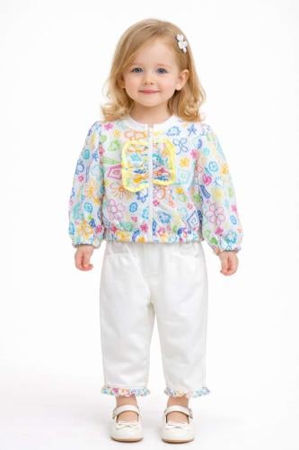 طقم بناتي ثلاث قطع بألوان الفرح – جاكيت شيفون منقو...