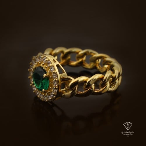 خاتم جنزير حجر أخضر دائري