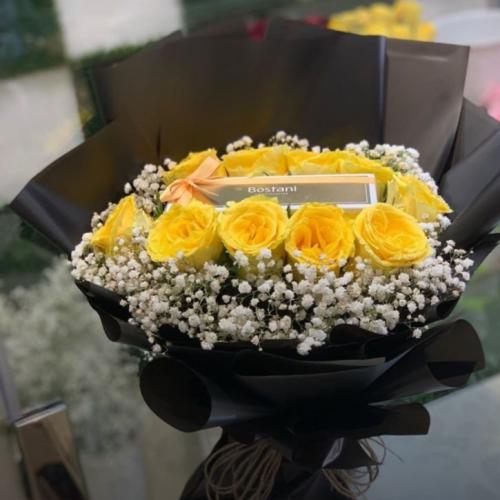 باقة ورد اصفر مع شوكلت بستاني لذيذ