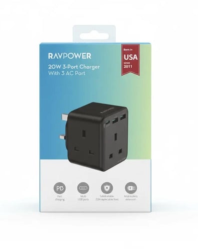 فيش جداري راف باور 3 مداخل طاقة ومنفذين USB ومنفذ...