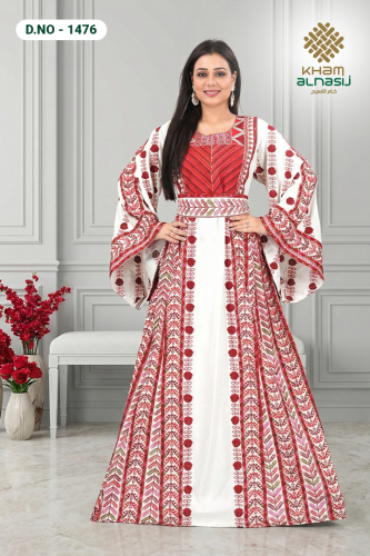 جلابية مغربية فاخرة بتطريز أحمر على أرضية بيضاء بإ...