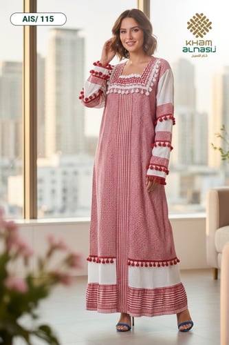 جلابية فلسطينية بتفاصيل كشكش ونقشة ناعمة | تصميم ت...