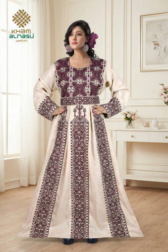 جلابية تراثية مطرزة فاخرة باللون البيج والعنابي |...